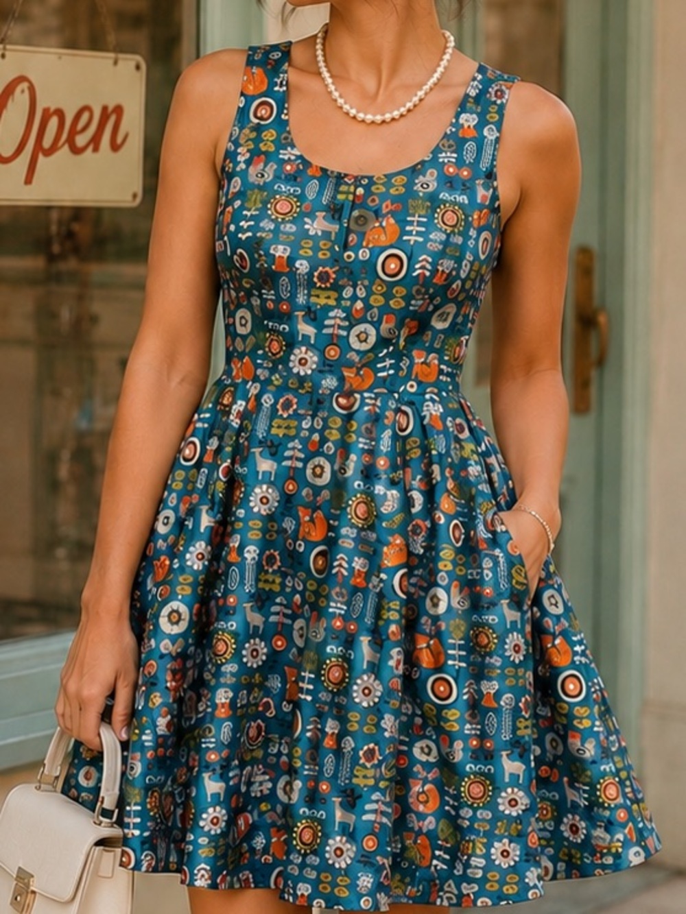 Eva Rose Cotton Blend Fit & Flare Novelty Print Dress Sleeveless with Pockets